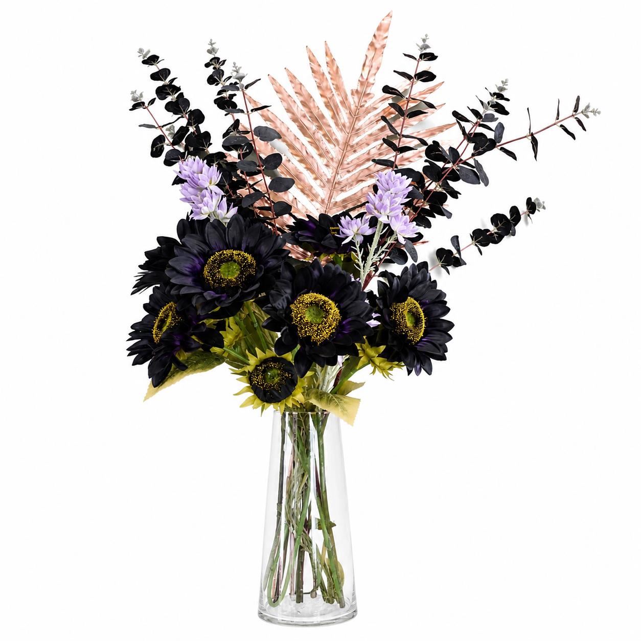 80cm Artificial Purple Sunflower and Gold Botanik Display Glass Vase - Premium Quality