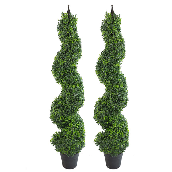 Artificial Boxwood Spiral Trees Topiary Spiral Metal Top Pair of 120cm 4ft Tall Botanik