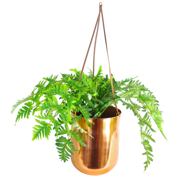 Leaf Copper Hanging Planter Leather Straps Modern Contemporary 18 x 22cm Botanik