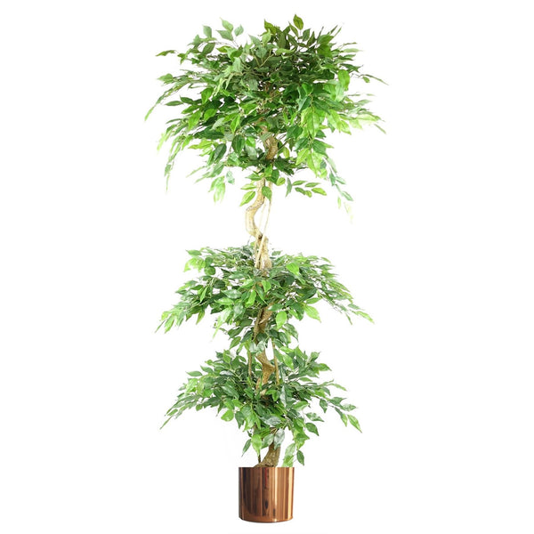 180cm Artificial Twisted Trunk Fruticosa Ficus Tree Triple Ball Topiary 1984 Leaves Copper Metal Planter - Premium Quality
