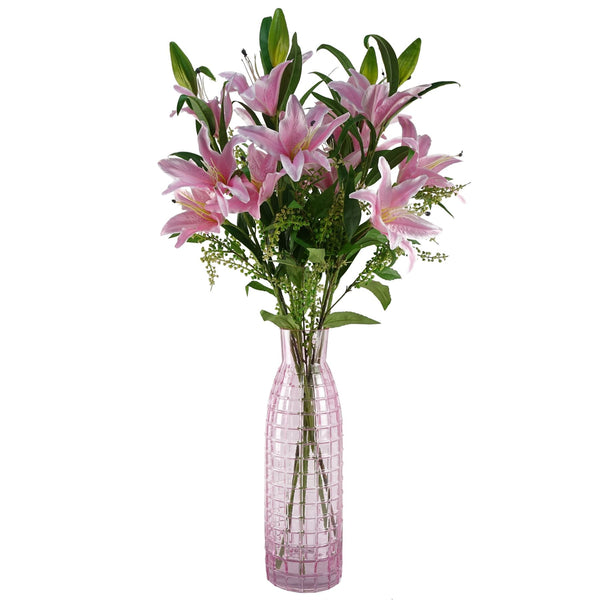 Leaf 100cm Artificial Pink Lily Flower Arrangement Glass Vase