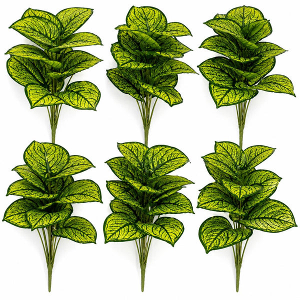 Pack of 6 x 60cm Artificial Caladium Style Stem Plant Bright Green Variegated Faux Foliage Arrangement