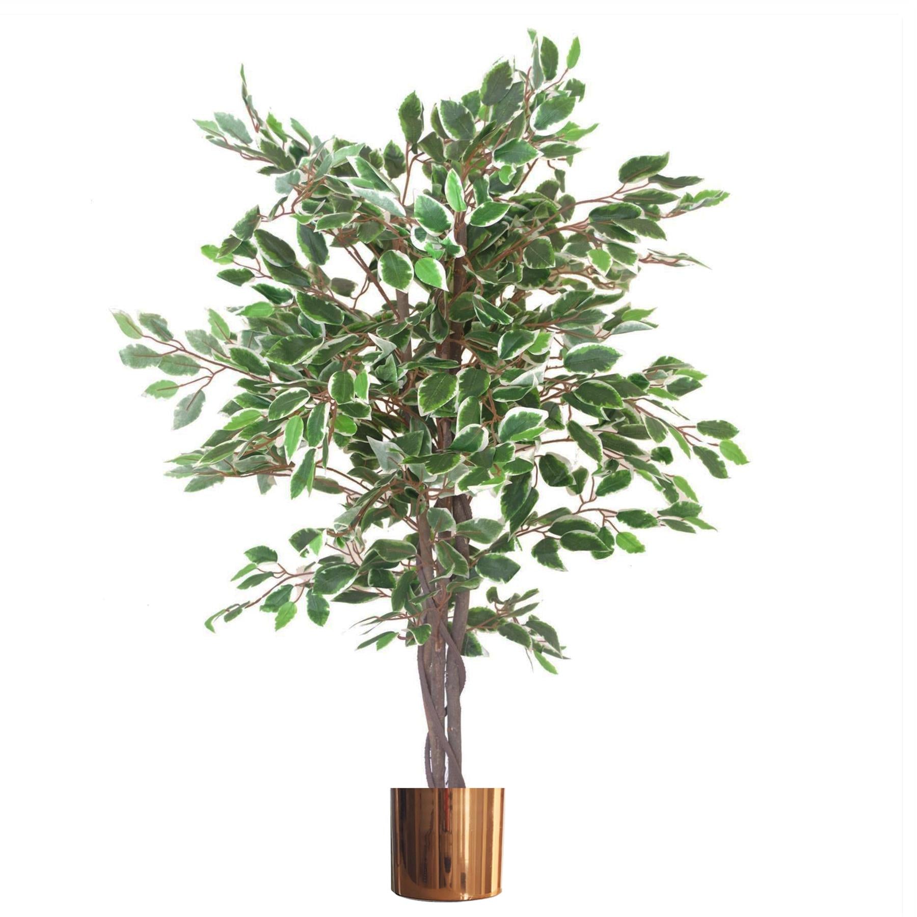 Artificial Ficus Tree Plant White Edge Twist 130cm Plants Copper Metal Planter