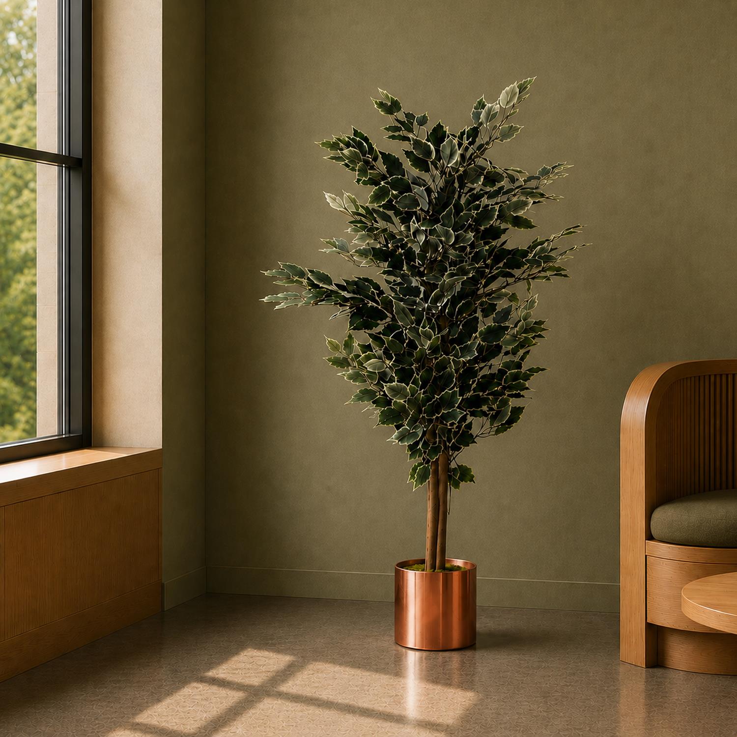 130cm Variegated White/Green Bushy Ficus Tree Copper Metal Planter - Premium Quality
