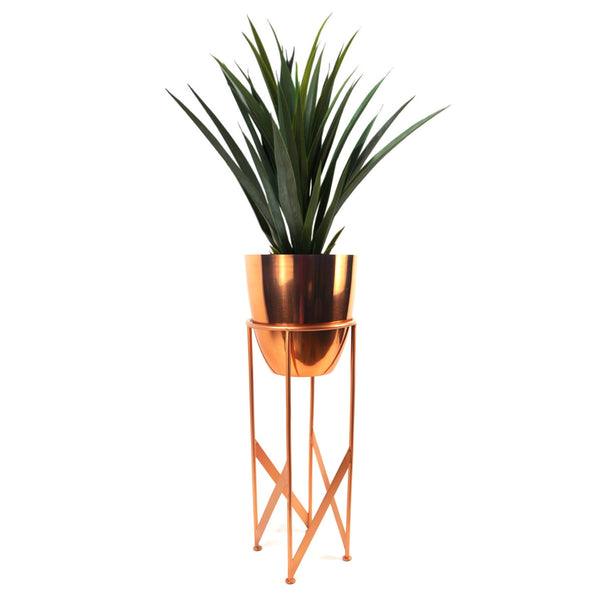 Artificial Yukka Plant Metal Planter Stand Copper 90cm Tall Realistic Premium Botanik