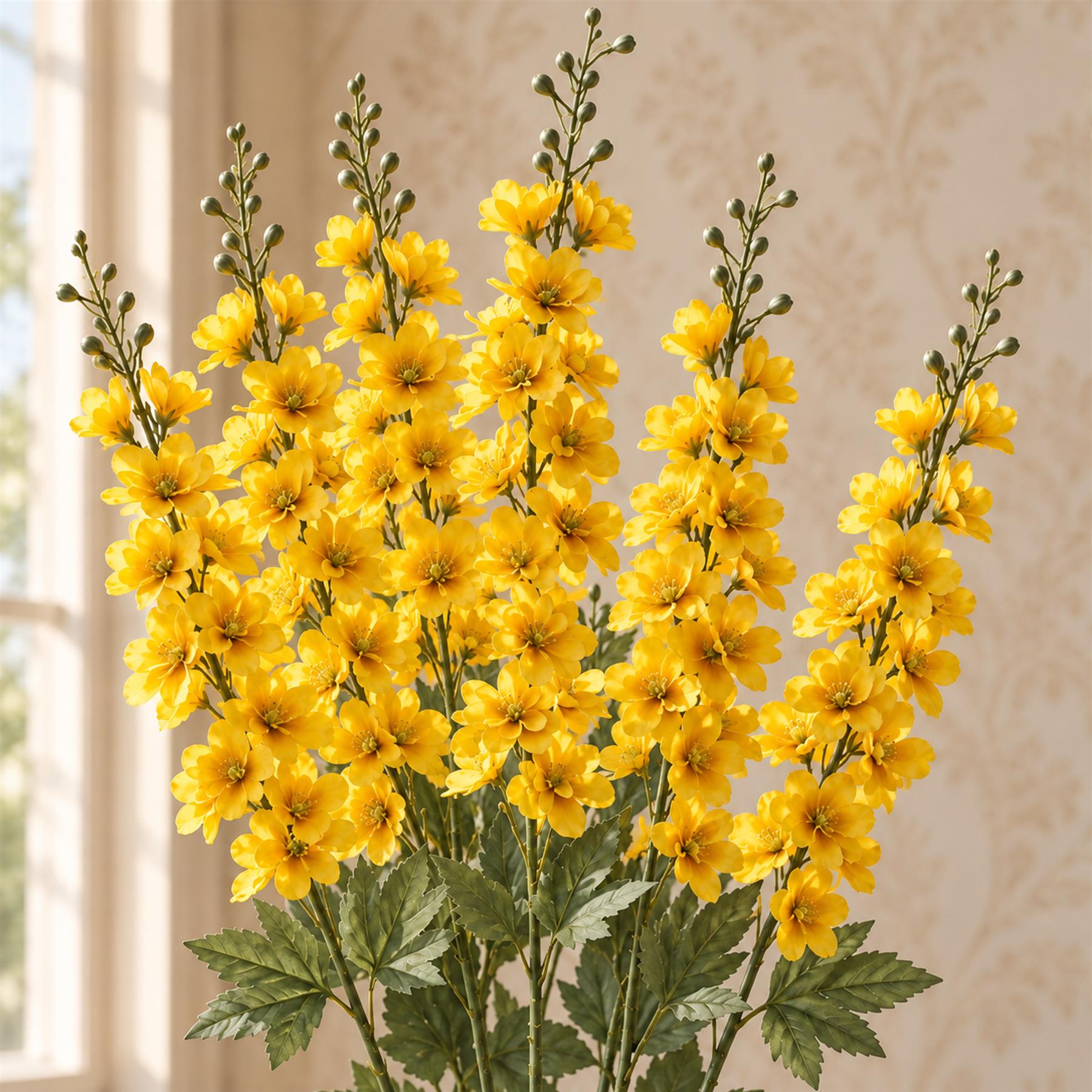 Pack of 6 x 85cm Artificial Yellow Larkspur Flower Stems
