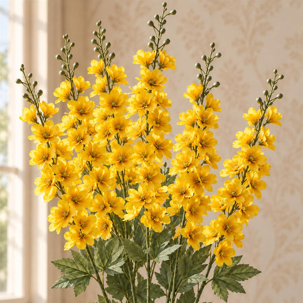 Pack of 6 x 85cm Artificial Yellow Larkspur Flower Stems