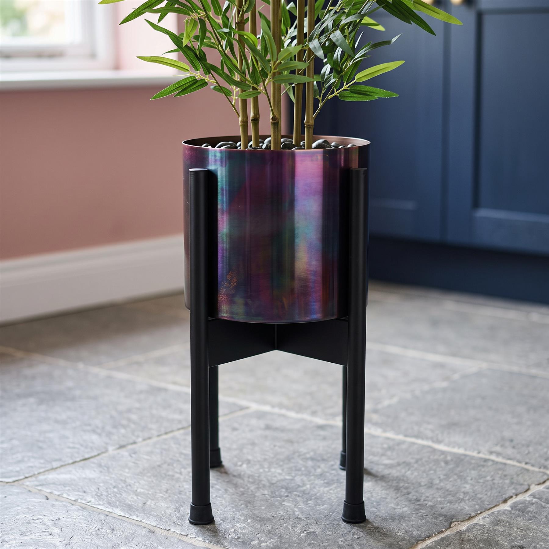 Medium Black Stand with Iridescent Rainbow Metal Planter 38.5cm x 18cm - Premium Quality