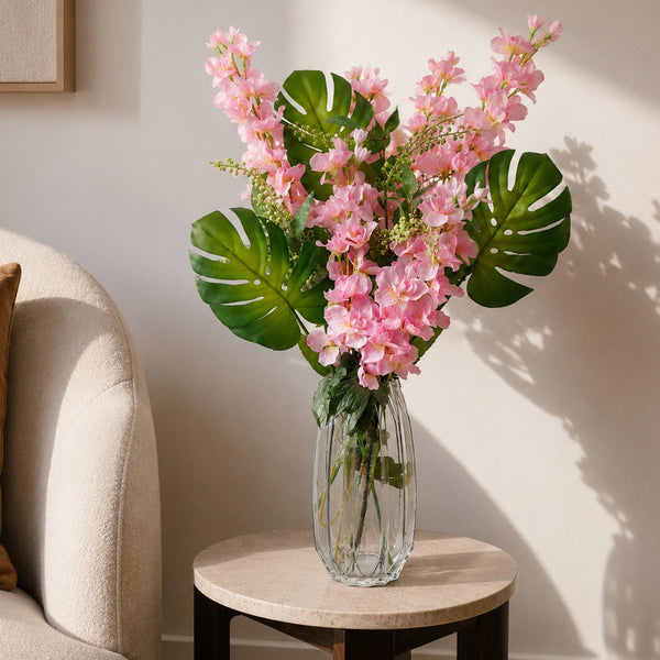 Leaf 60cm Pink Delphinium Tropical with Glass Vase
