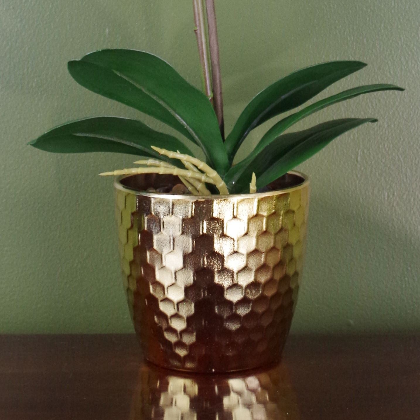 Artificial 50cm Phalaenopsis Orchid - Purple / White - Gold Pot