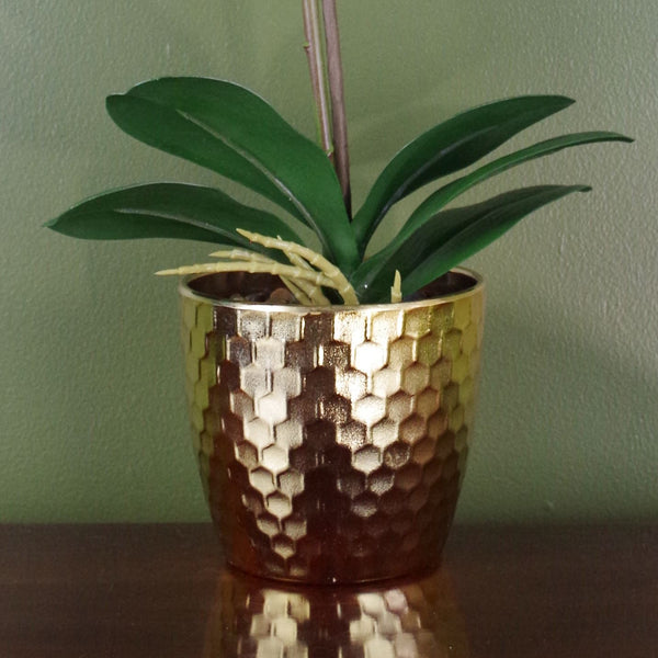 Artificial 50cm Phalaenopsis Orchid - Purple / White - Gold Pot
