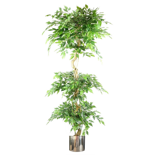 180cm Artificial Twisted Trunk Fruticosa Ficus Tree Triple Ball Topiary 1984 Leaves Silver Metal Planter - Premium Quality