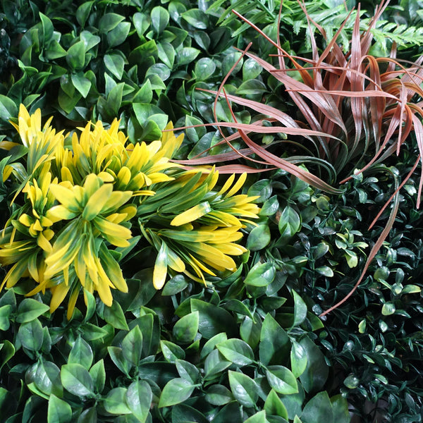 100cm Artificial Tropical Mixed Foliage Green Wall Panel with Red and Yellow Floral Detail