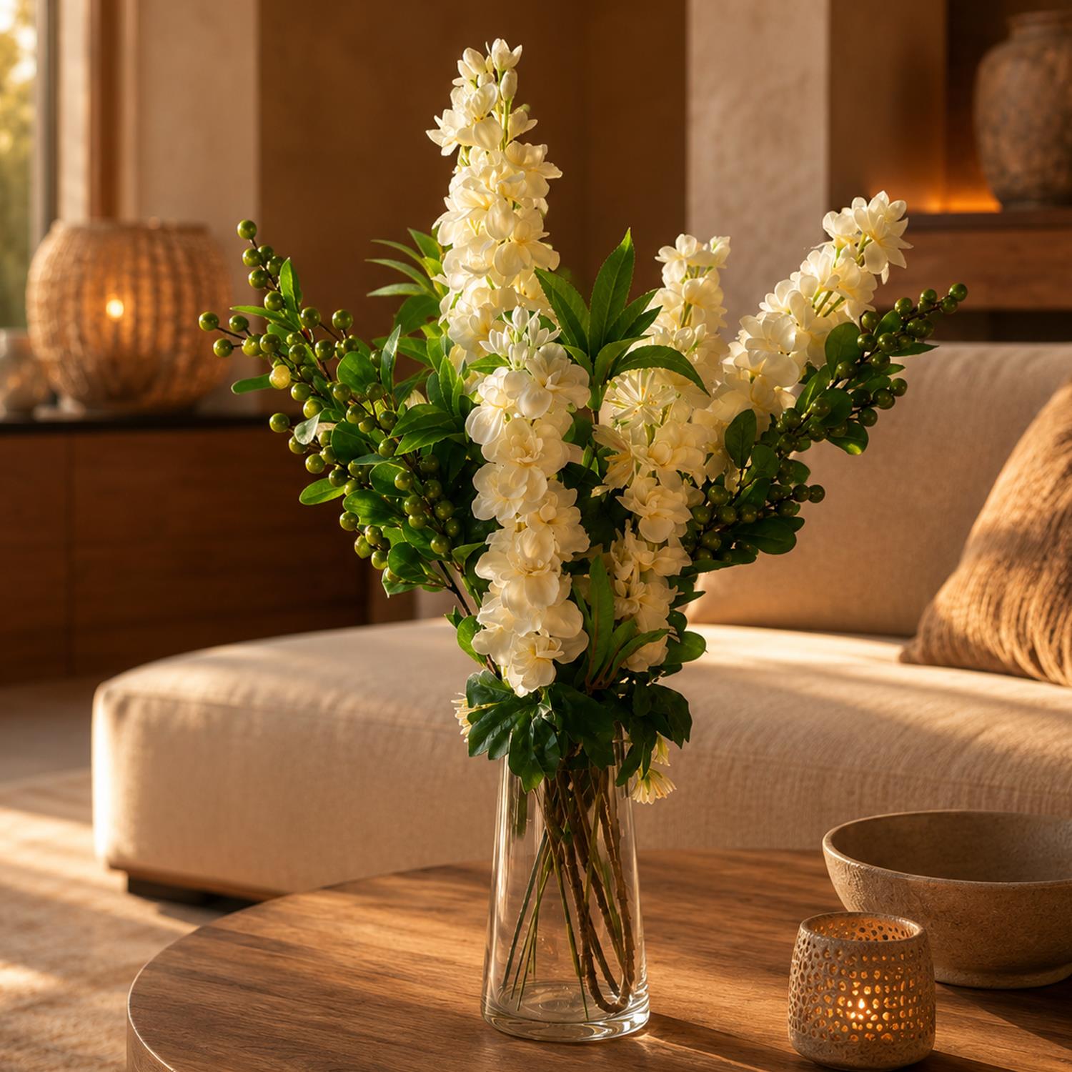 Leaf 60cm Artificial Berry Delphinium Cream Flower Mix Glass Vase