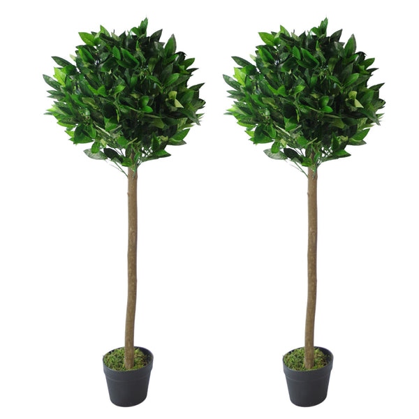 Pair Artificial Bay Topiary Trees Green 120cm Trunk