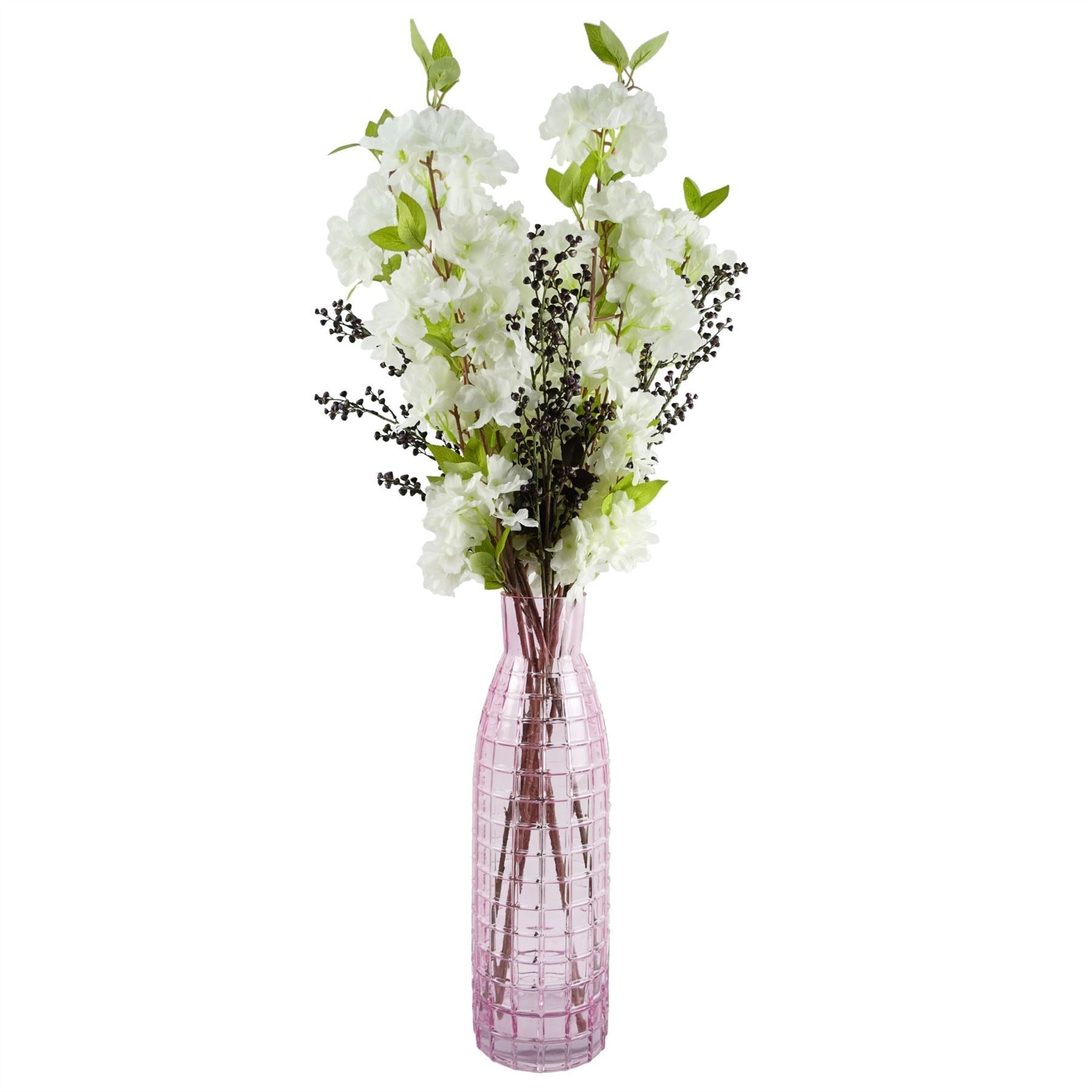 100cm White Artificial Blossom and Berries Glass Vase - Premium Quality