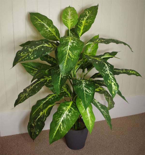 Artificial Large Spotted Plant Fox Aglaonema Tree Silver Metal Planter 100cm Botanik