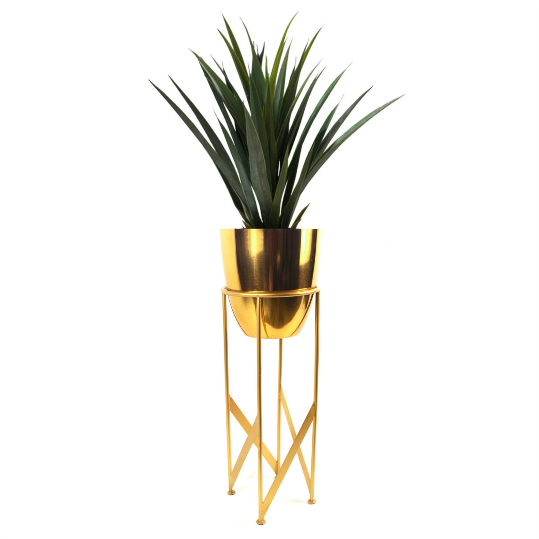 Artificial Yukka Plant Metal Planter Stand Gold 90cm Tall Realistic Premium Botanik