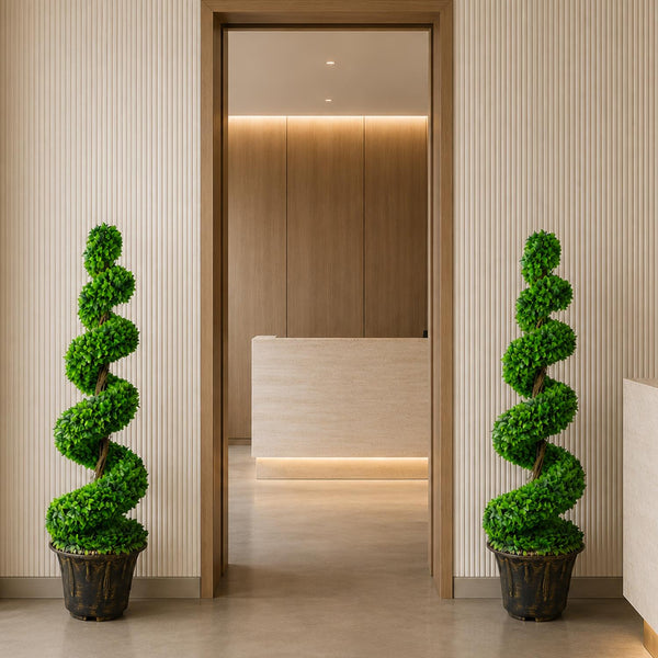 120cm Pair of Green Large Botanik Spiral Topiary Trees with Decorative Planters - Premium Quality