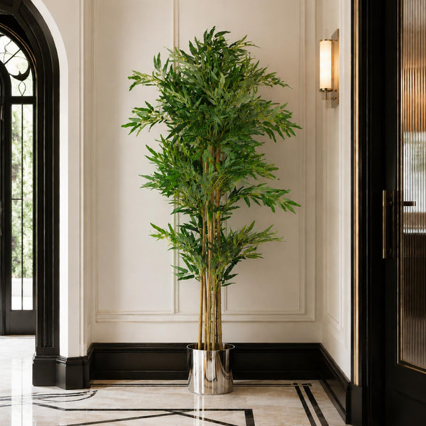 150cm (5ft) Natural Look Artificial Bamboo Plants Trees - XL with Silver Metal Planter