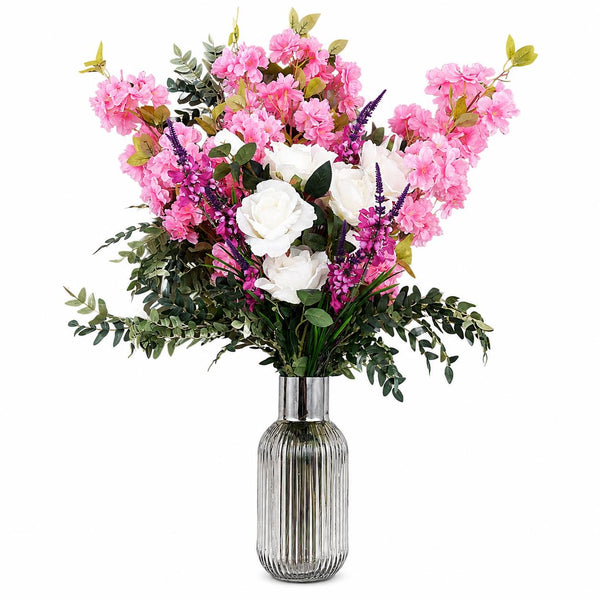 Leaf 100cm Pink Blossom White Rose Arrangement Glass Vase