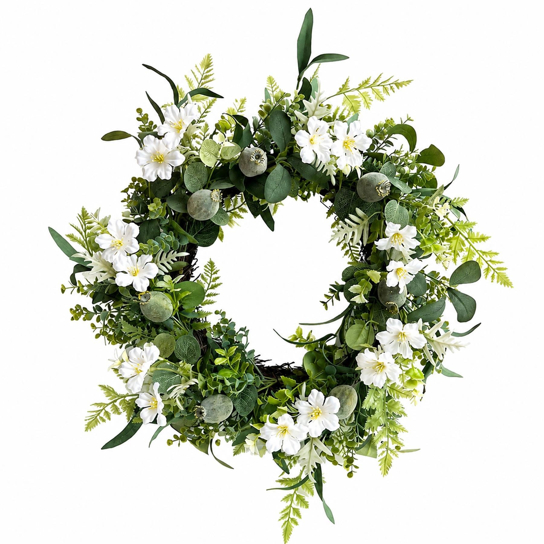 50cm Artificial White Spring Flower Wreath and 155cm Garland Set