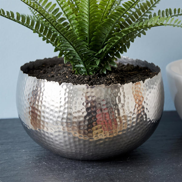 Leaf XL Metal Bowl Planter 32 x 20cm Hammered Silver Colour - Curvy Edge