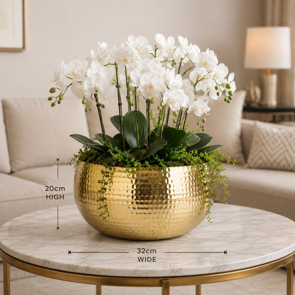 Leaf XL Metal Bowl Planter 32 x 20cm Hammered Gold Colour - Curvy Edge