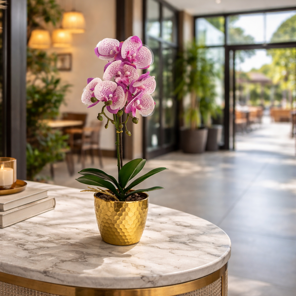 Orchid Artificial Purple White 50cm Gold Pot Phalaenopsis
