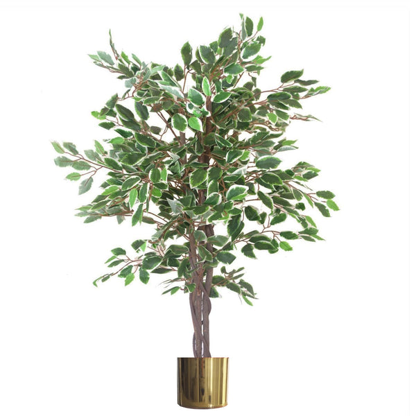 130cm LARGE Realistic White Edge Ficus Artificial Plant Tree Gold Metal Planter - Premium Quality