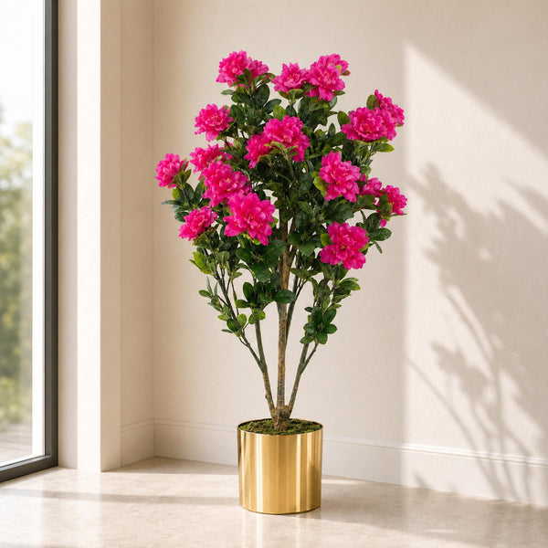 Artificial Blossom Tree Pink Gold Planter 100cm Realistic Plant Design Azalea Botanik