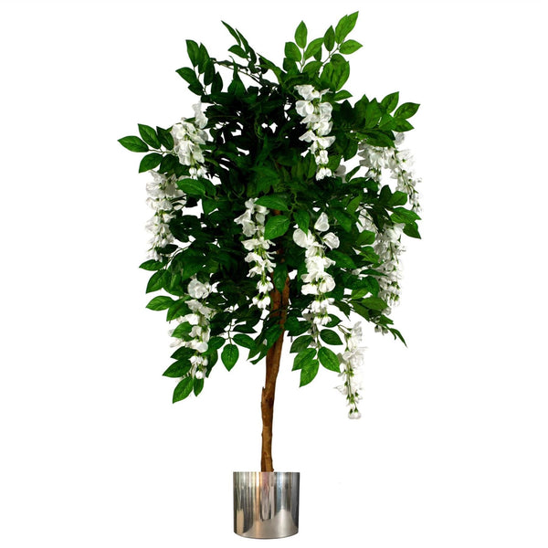 130cm Luxury Artificial Wisteria Tree White Flowers - Premium Range Silver Metal Planter - Premium Quality