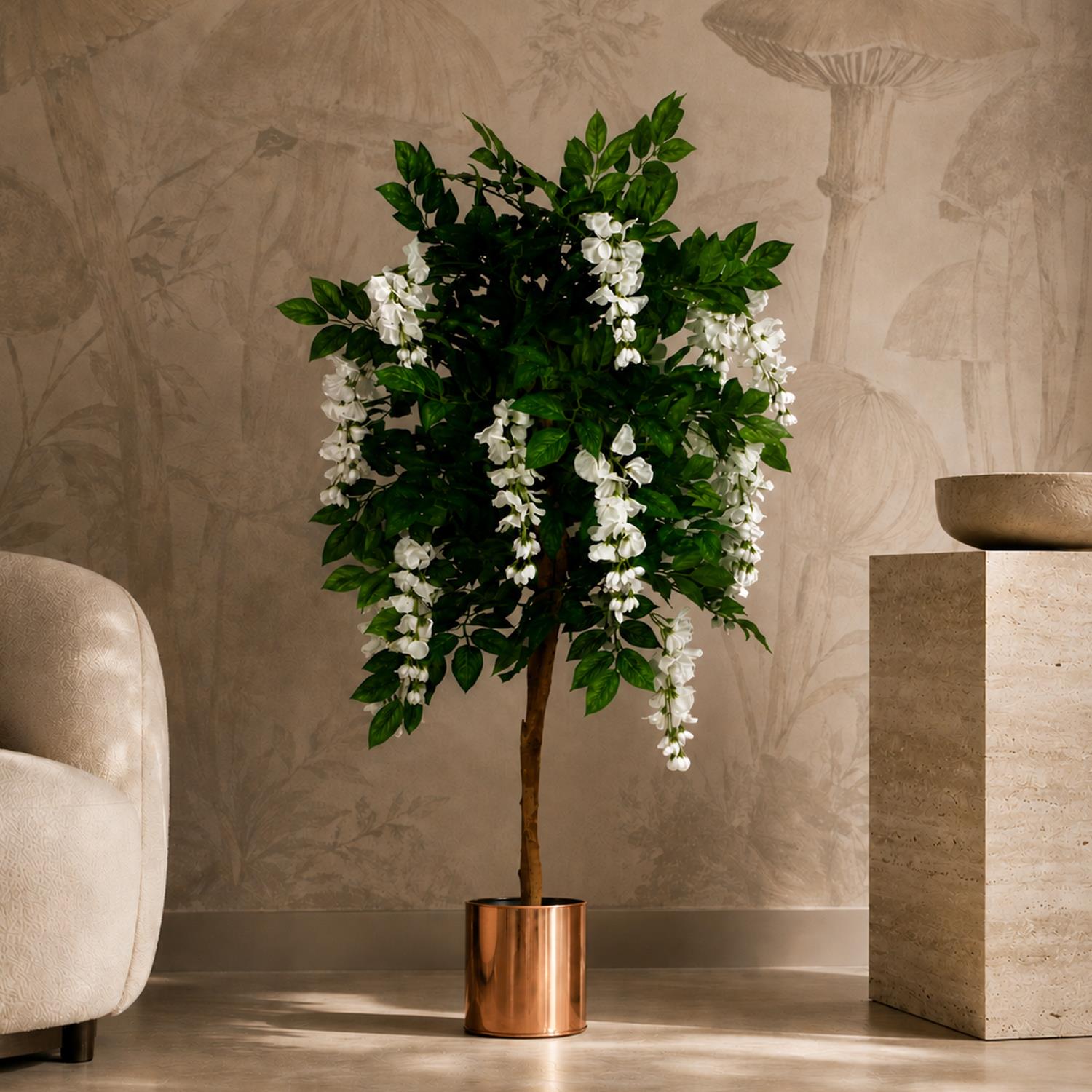 130cm Luxury Artificial Wisteria Tree White Flowers - Premium Range Copper Metal Planter - Premium Quality