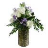 Leaf 60cm White Rose Purple Starflower Display Glass Vase