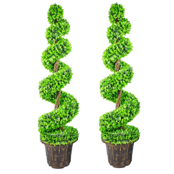 120cm Pair of Green Large Botanik Spiral Topiary Trees with Decorative Planters - Premium Quality