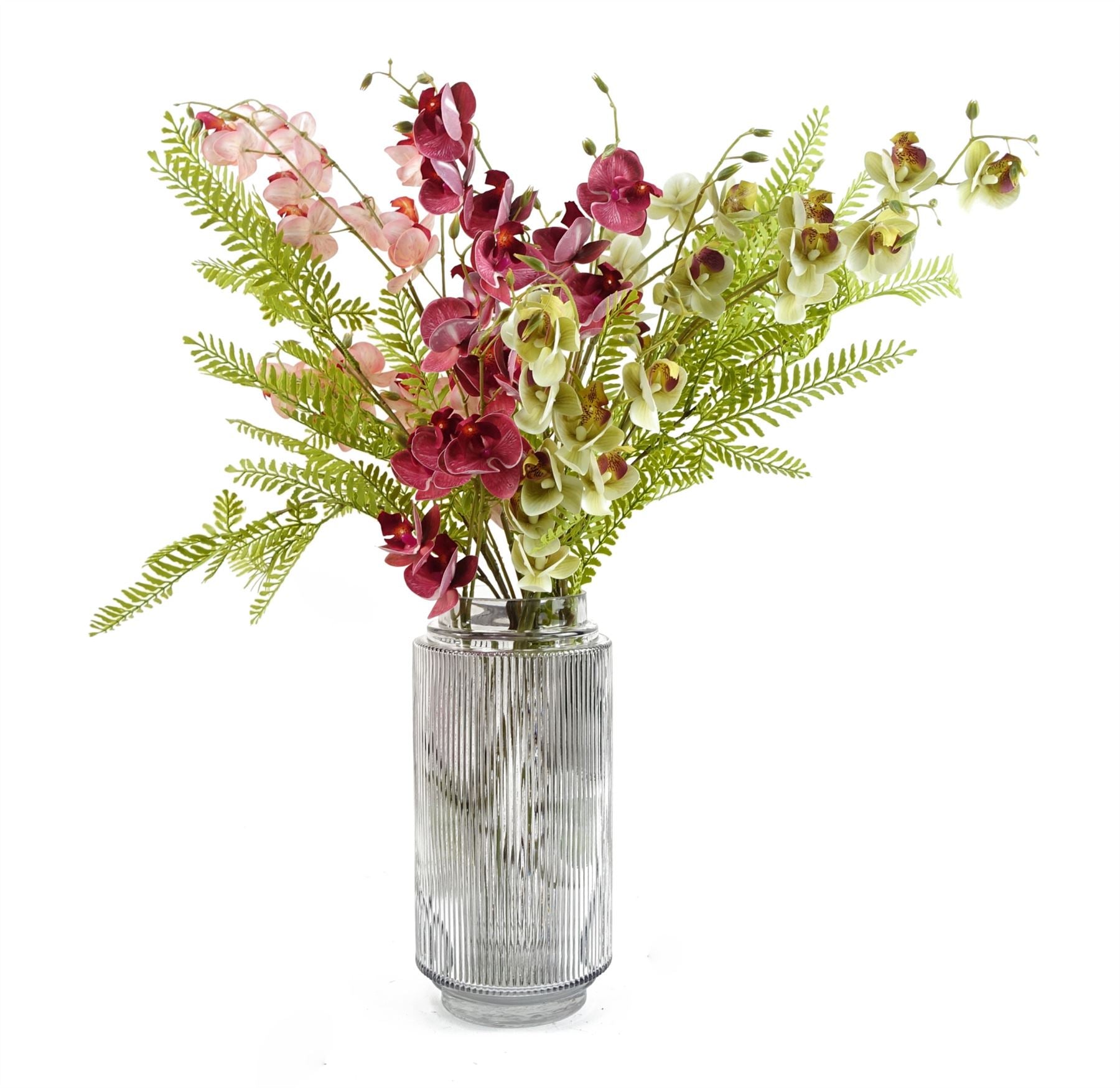 Leaf 65cm Mixed Wild Orchid and Ferns Glass Vase