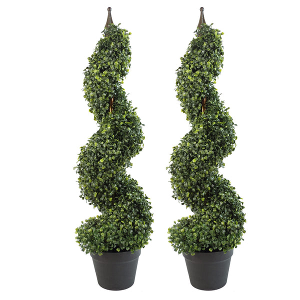 Pair of 90cm (3ft) Tall Artificial Boxwood Tower Trees Topiary Spiral Metal Top Botanik