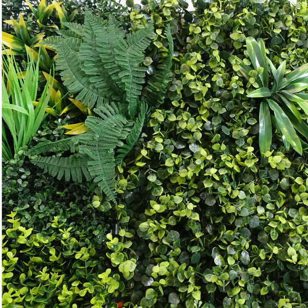 100cm Artificial Mixed Green Foliage Wall Panel with Ferns and Yellow Grass Accents