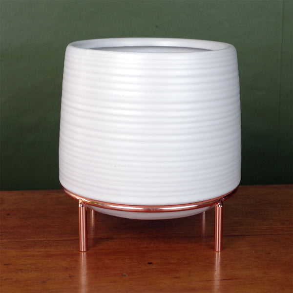 White Ceramic Planter Metal Stand with Plant Pot