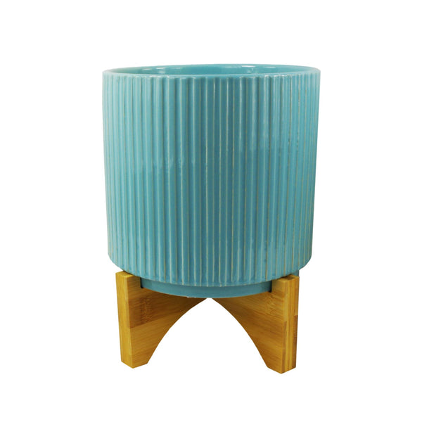 Ceramic Plant Pot Planter Bamboo Blue 14.5 x 14.5 x 19cm