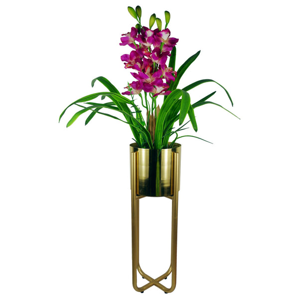 Metal Planter Stand Gold Iridescent Rainbow Plant Pot 62cm x 18cm Leaf Design UK Botanik
