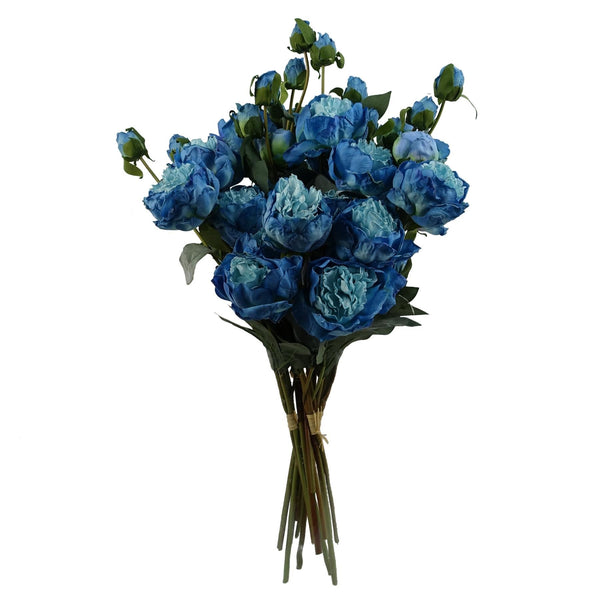 6 x 55cm Blue Peony Artificial Flower Stems - 24 flowers 18 buds - Premium Quality