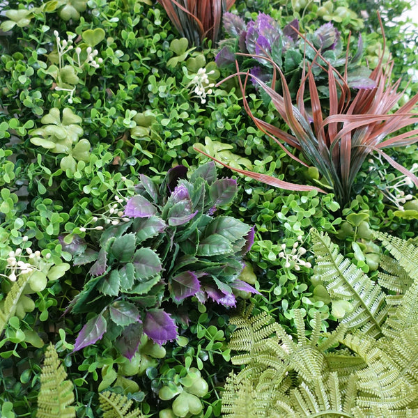 100cm Artificial Fern & Mixed Foliage Green Wall Panel with Burgundy and Grass Accents