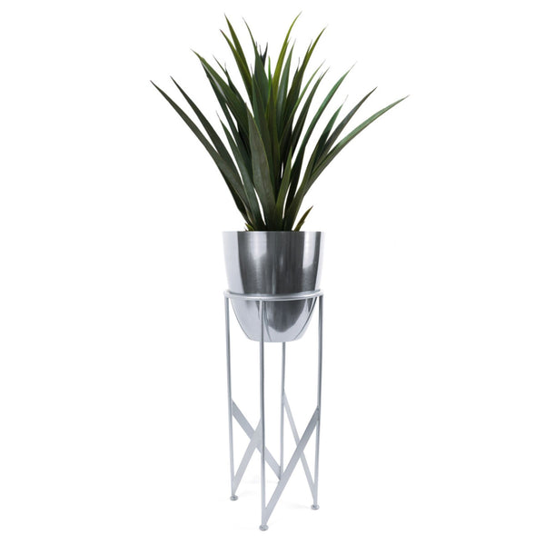 Artificial Yukka Plant Metal Planter Stand Silver 90cm Tall Realistic Premium Botanik