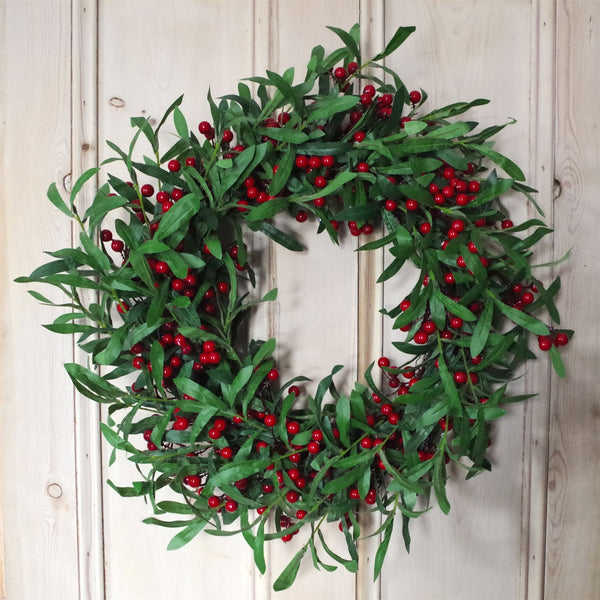 Christmas Mistletoe Leaf and Red Berry Floristry Wreath 60cm 24 inch Botanik