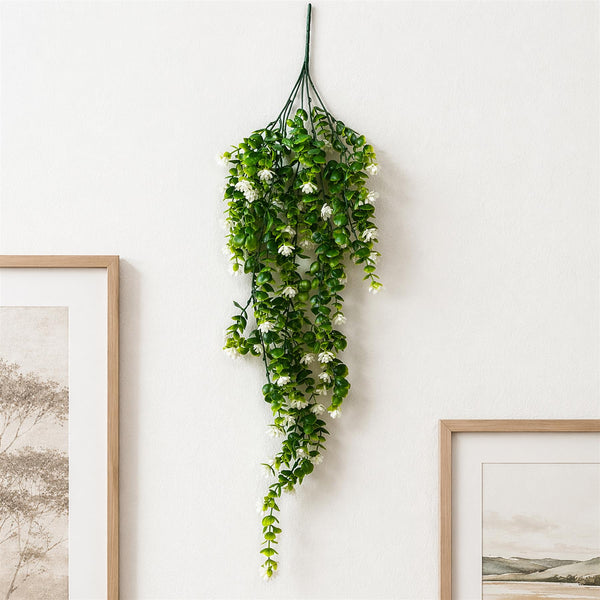 70cm Artificial Trailing Green & White Flowering Hanging Plant Faux Foliage