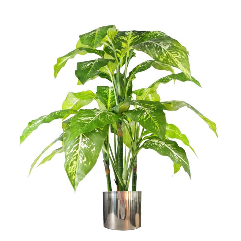 Artificial Large Spotted Plant Fox Aglaonema Tree Silver Metal Planter 100cm Botanik