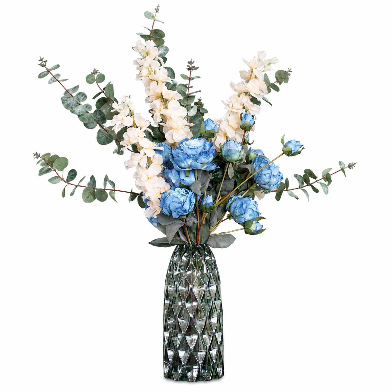 Leaf 80cm Blue Peony White Delphinium Eucalyptus Glass Vase
