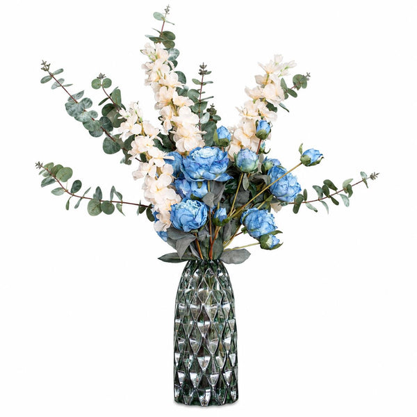 Leaf 80cm Blue Peony White Delphinium Eucalyptus Glass Vase