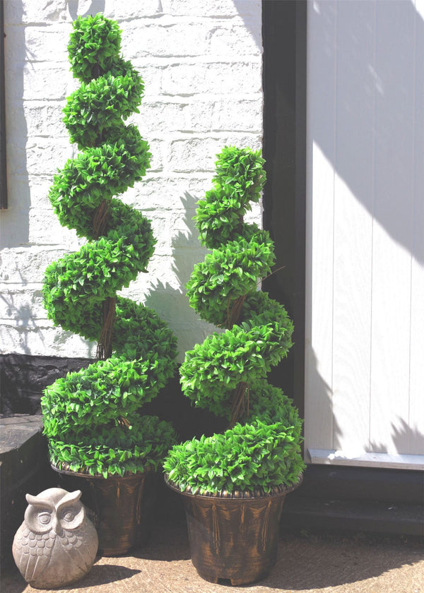 120cm Pair of Green Large Leaf Spiral Topiary Trees with Decorative Planters